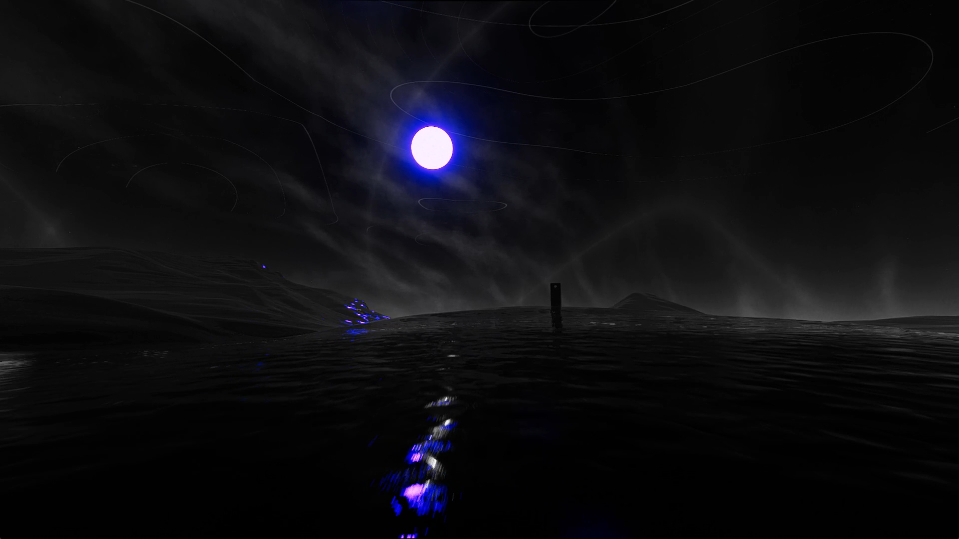 Computer-generated image of a black oily landscape with a dark monolith in the distance and a glowing purple sun in the sky.