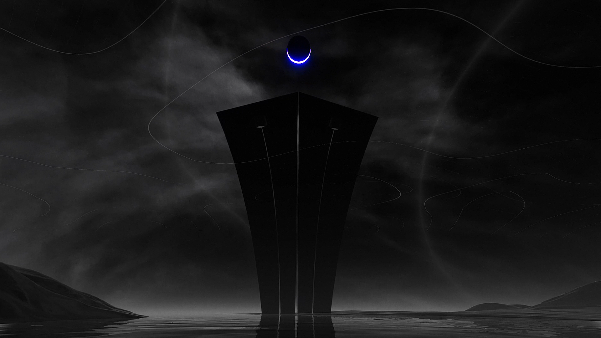 Black oil surface on which rests a tall mirrored geometric structure resembling colossal gates. Thin white ribbons flow in the sky around and above it.